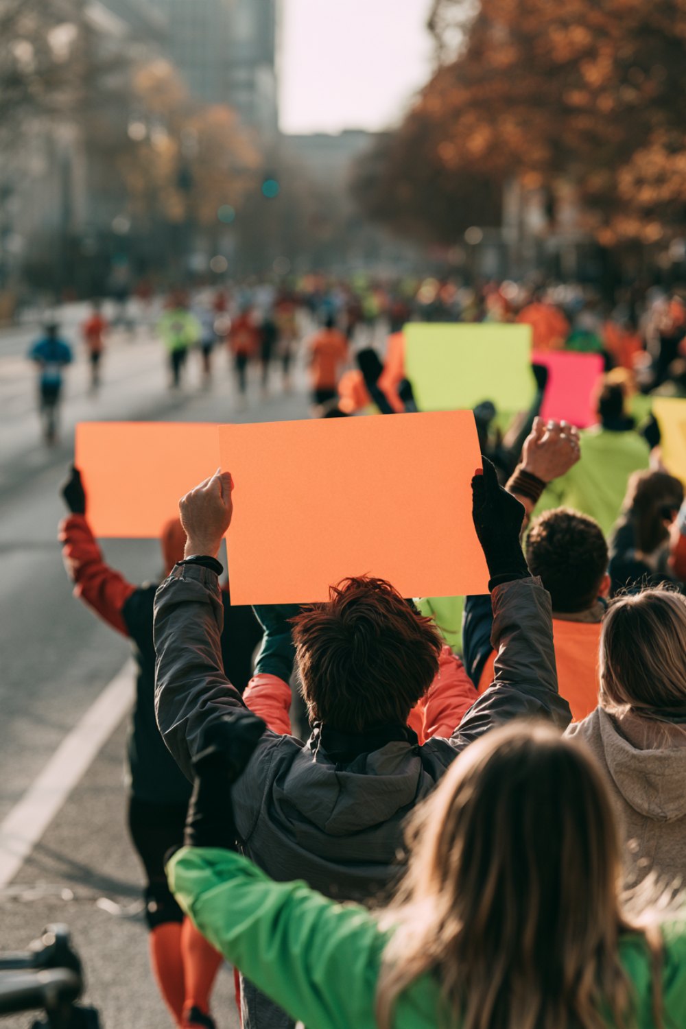 Crowd seen from behind holding colorful signs as runners pass on an autumn city street