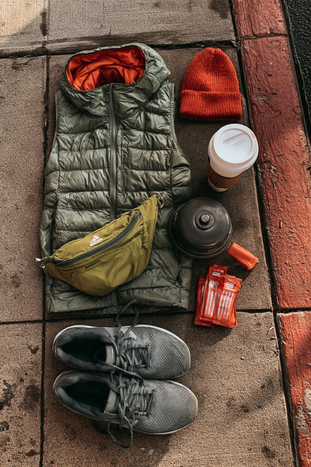 Puffer vest, beanie, belt bag, sneakers and a cowbell laid out for race day cheering