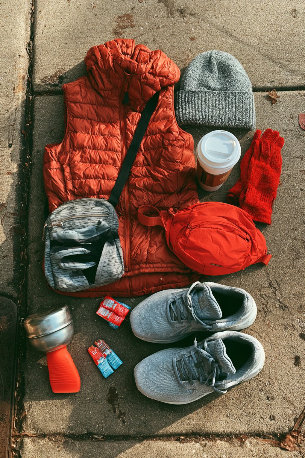 Red puffer, grey beanie, sneakers, hand warmers and coffee for a cold marathon morning