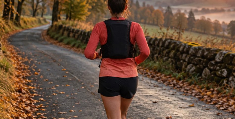 Runner seen from behind in a coral top and hydration vest on a tree-lined road at sunrise during a marathon training long run