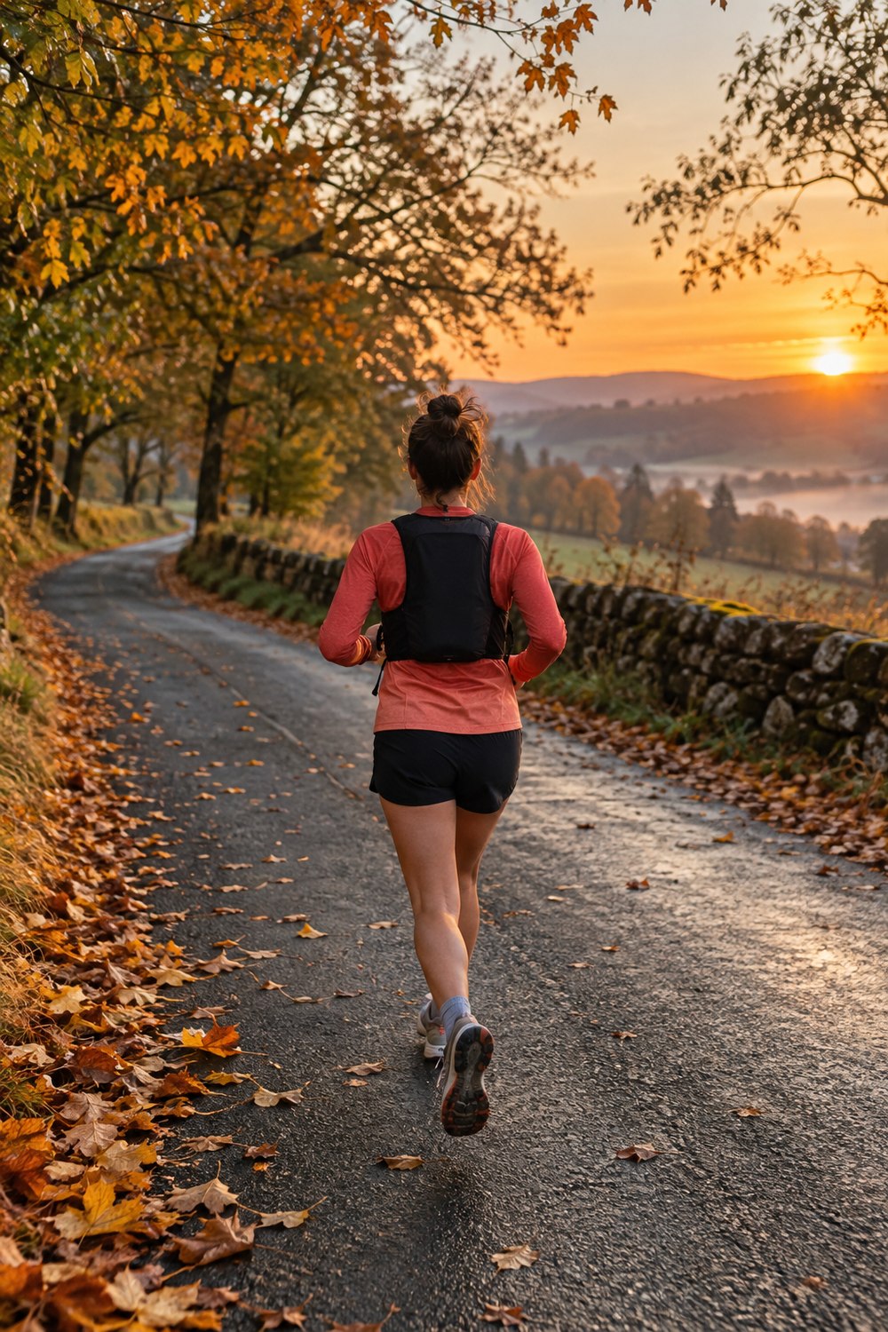 Runner seen from behind in a coral top and hydration vest on a tree-lined road at sunrise during a marathon training long run