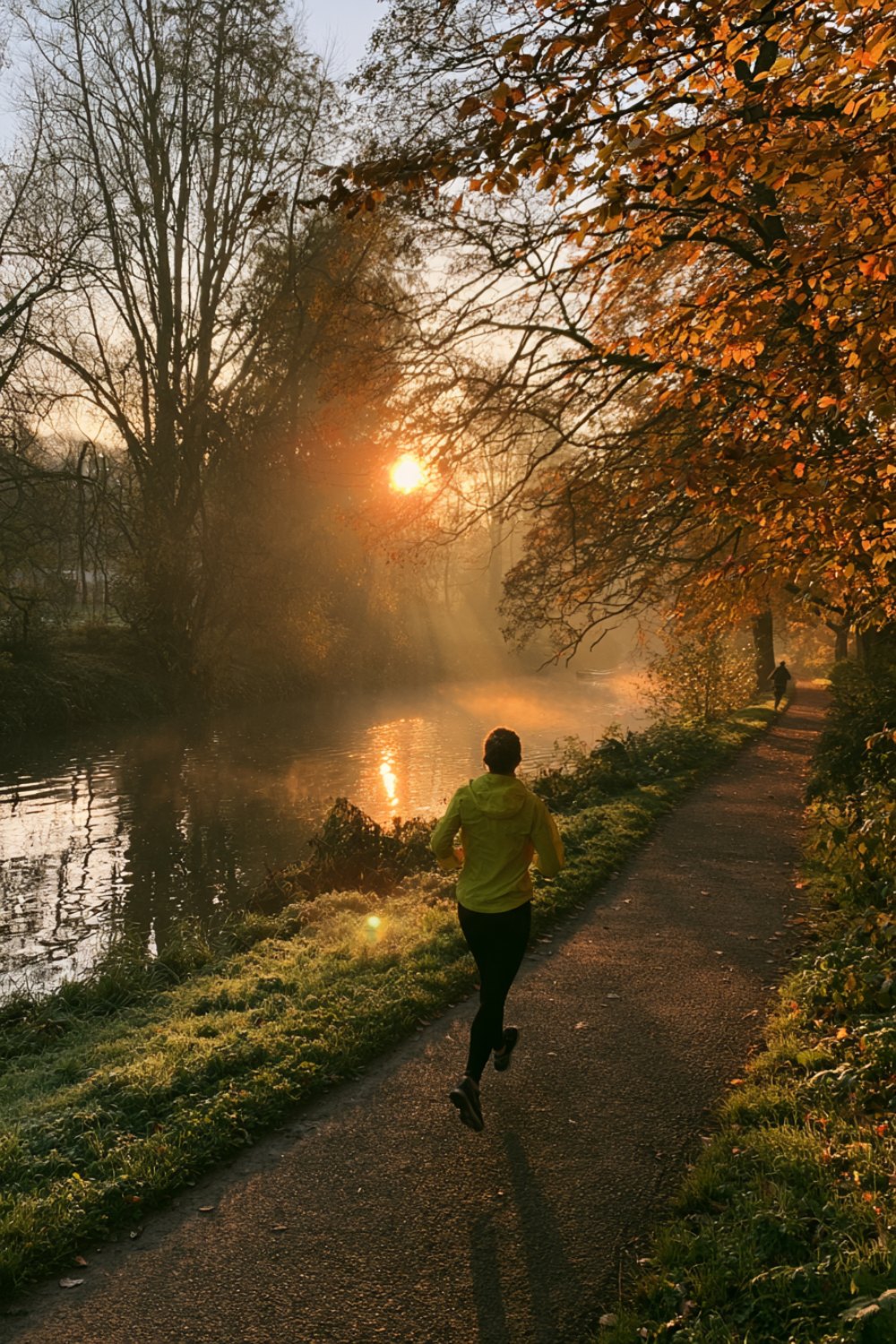 Runner seen from behind on a riverside path at sunrise during a long training run