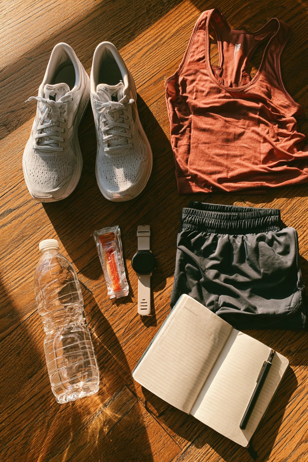 Flat lay of marathon training gear: shoes, gels, a sport watch, shorts, tank top and a notebook