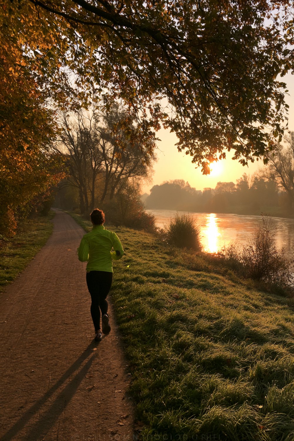 Runner in a bright jacket on an autumn riverside trail on a misty long run morning