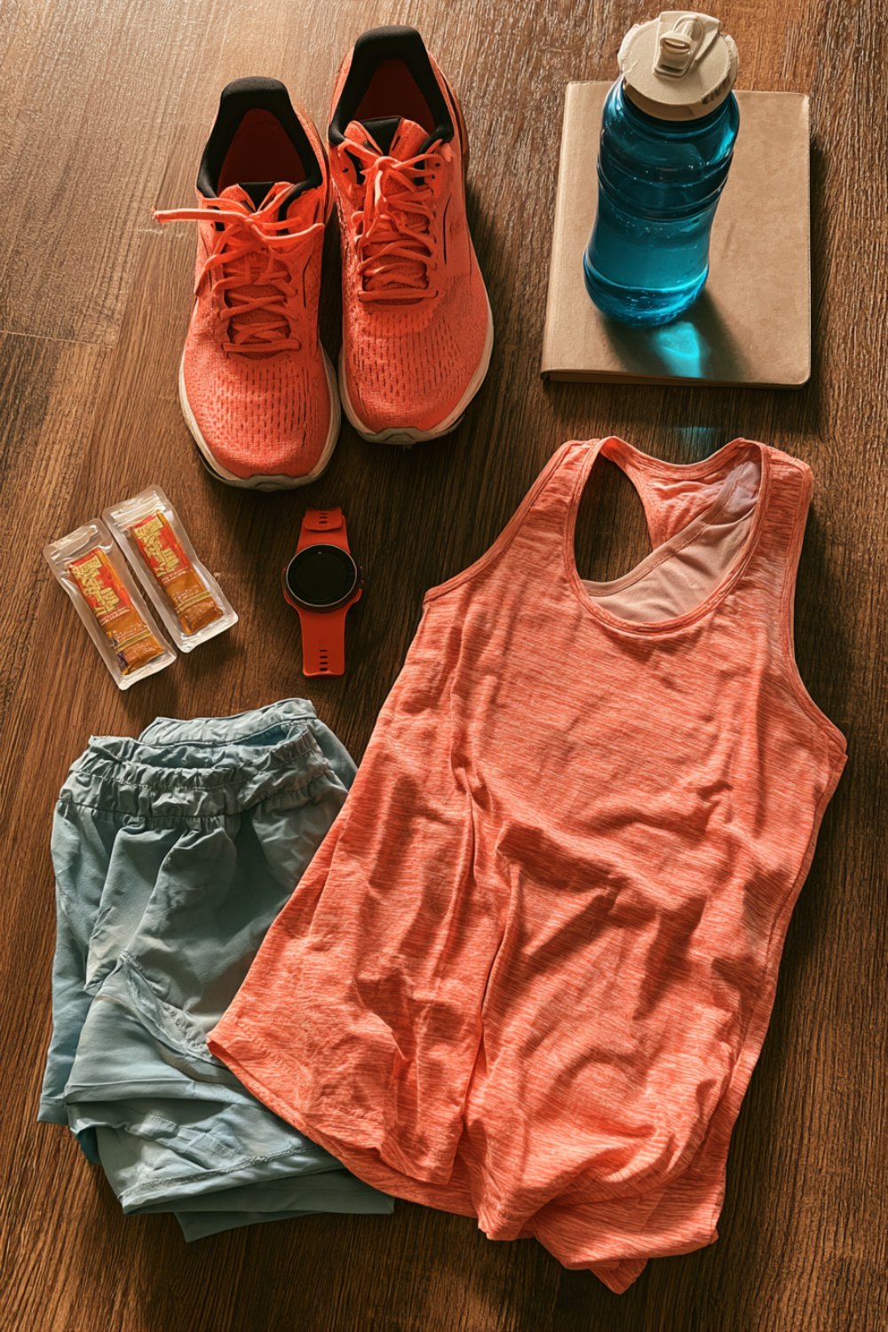 Coral running tank, orange shoes, gels and a water bottle laid out for a long run