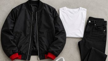Basketball game outfit for men: black bomber jacket, white tee, black tapered jeans, white sneakers and black cap flat lay