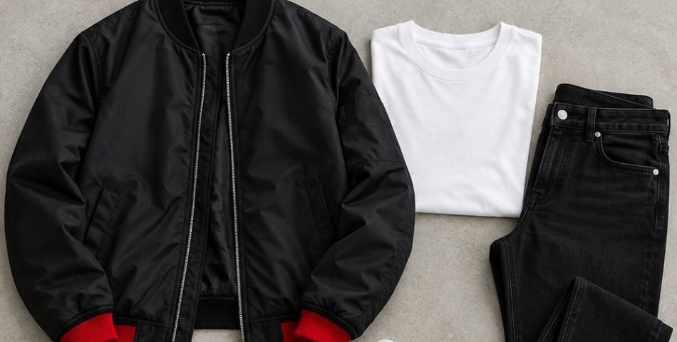 Basketball game outfit for men: black bomber jacket, white tee, black tapered jeans, white sneakers and black cap flat lay