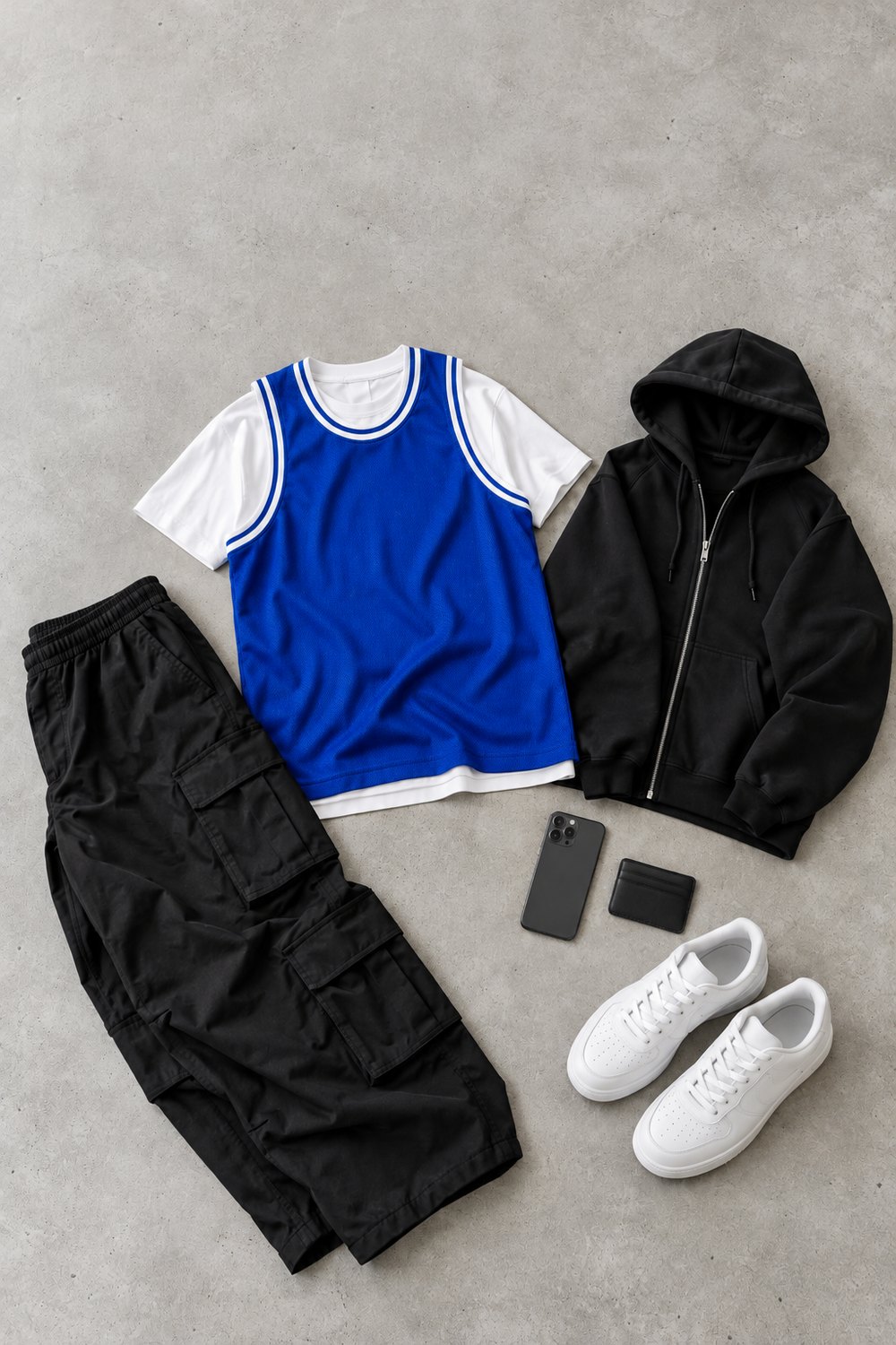 Royal blue basketball jersey over a white tee with black cargo pants, black zip hoodie and white sneakers