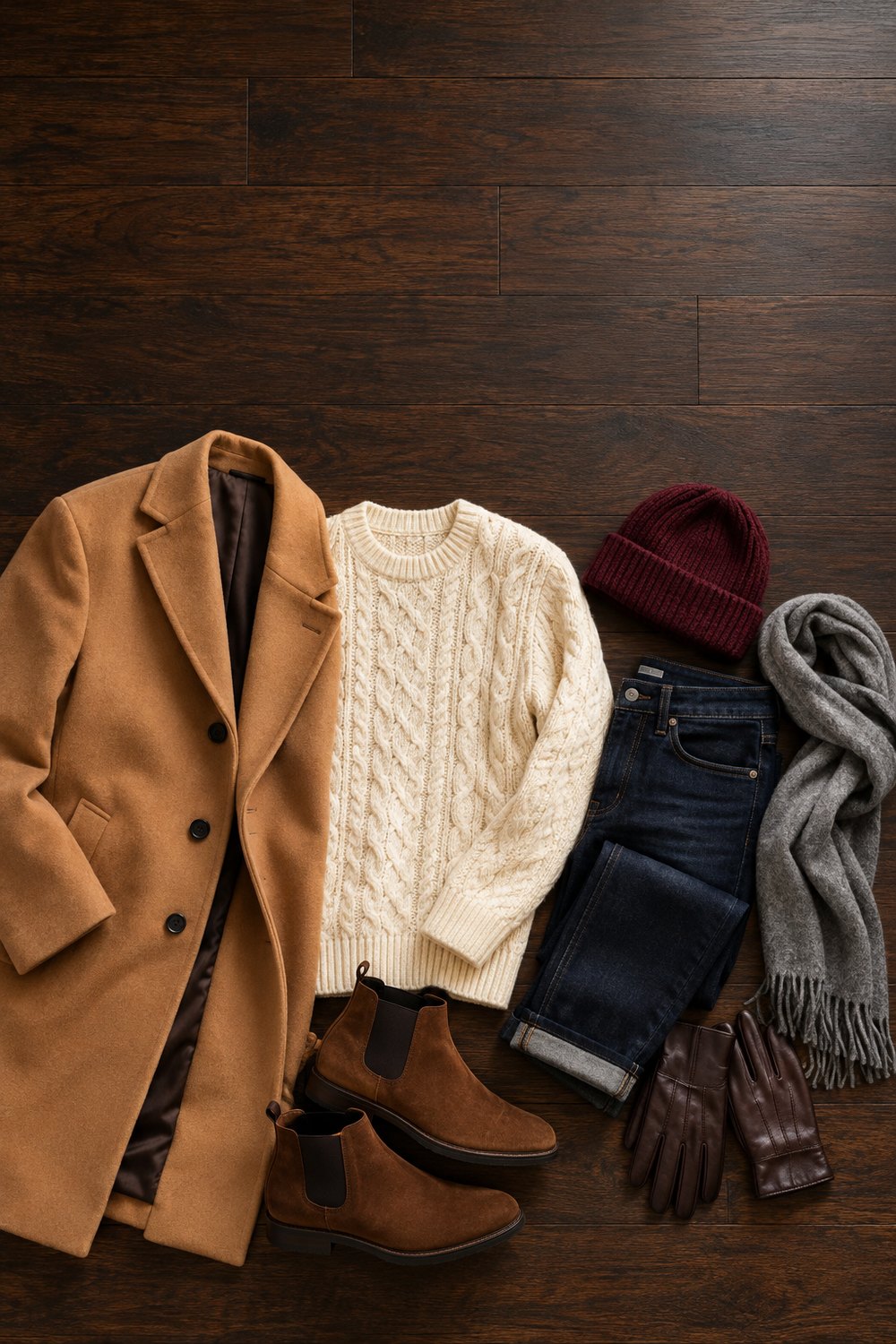 Men's winter basketball game outfit: camel overcoat, cream cable knit sweater, dark jeans, suede chelsea boots, beanie and scarf