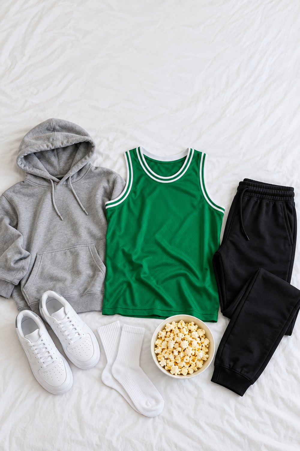 Chill basketball watch party outfit for men: grey hoodie, green throwback jersey, black joggers, white sneakers and popcorn