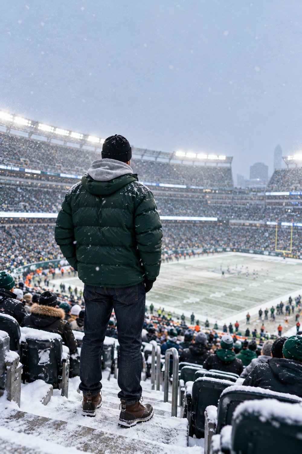 A man seen from behind in the snowy stands of a football stadium wearing a dark green puffer jacket over a grey hoodie, black beanie, dark jeans and brown insulated boots