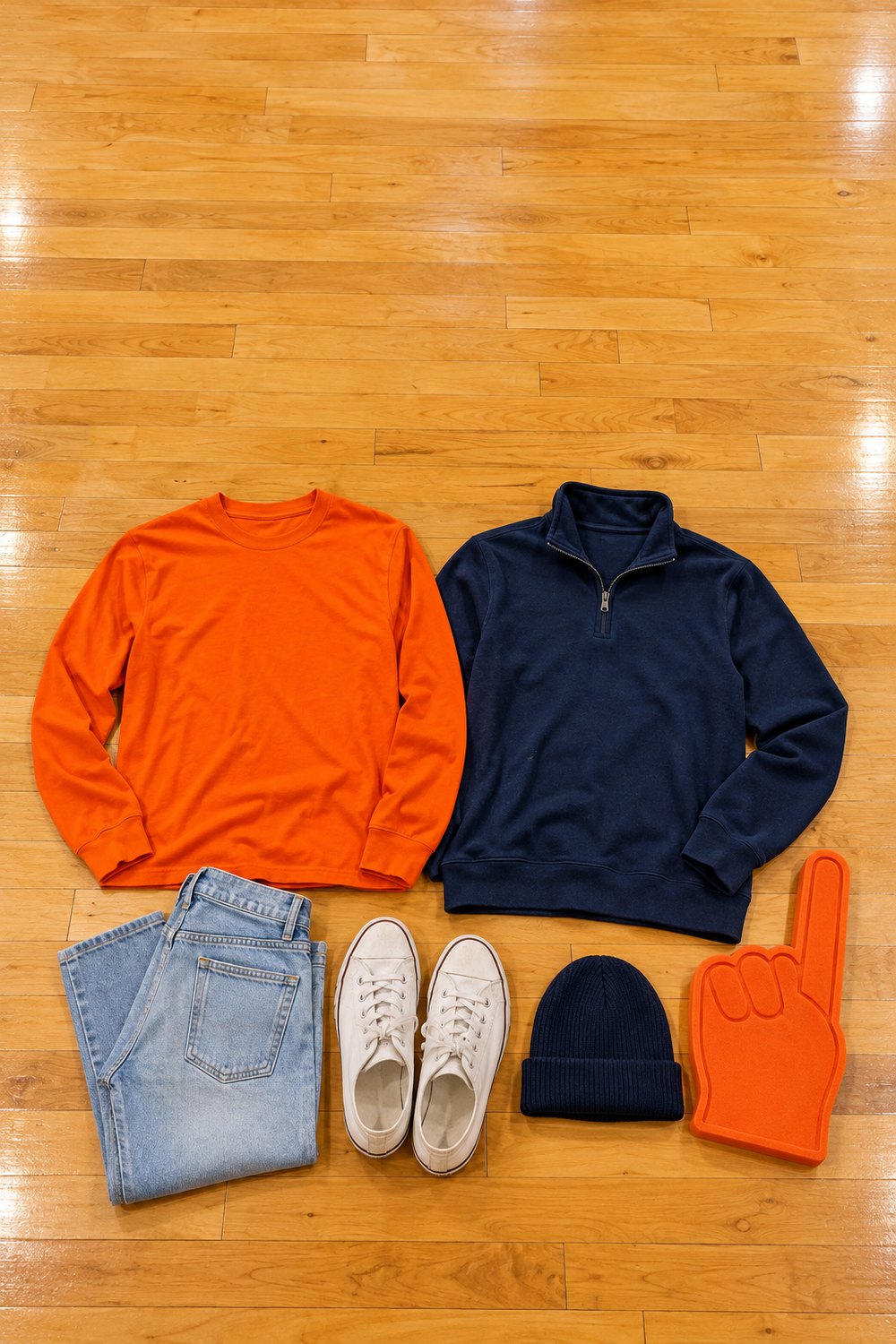 College basketball student section outfit for men: orange long sleeve, navy quarter zip, jeans, canvas sneakers and foam finger