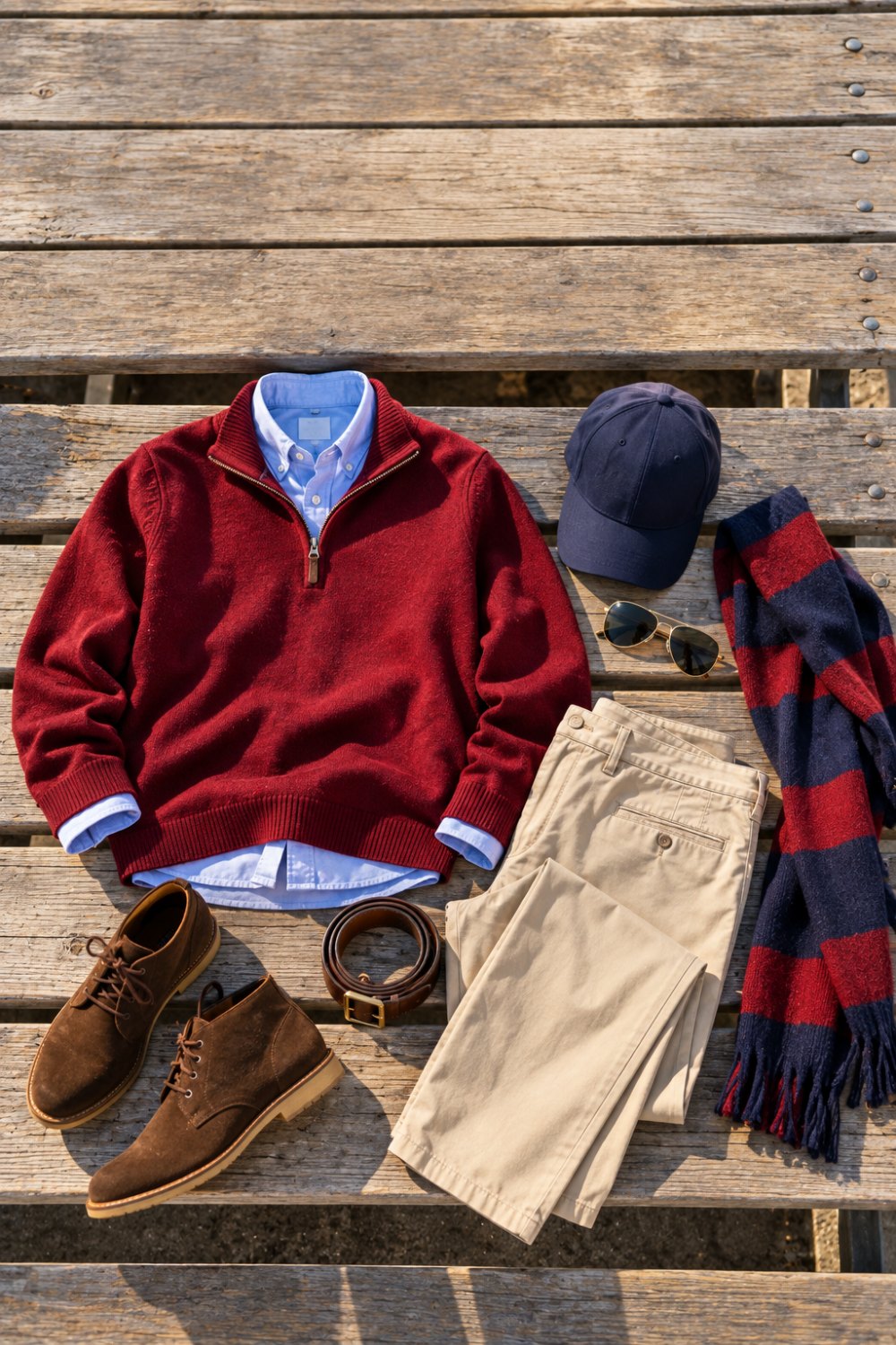 Flat lay of a men's smart-casual college game day outfit on a wooden bench: crimson quarter-zip over a light blue oxford, stone chinos, brown suede chukka boots, leather belt, navy cap, aviators and a striped scarf
