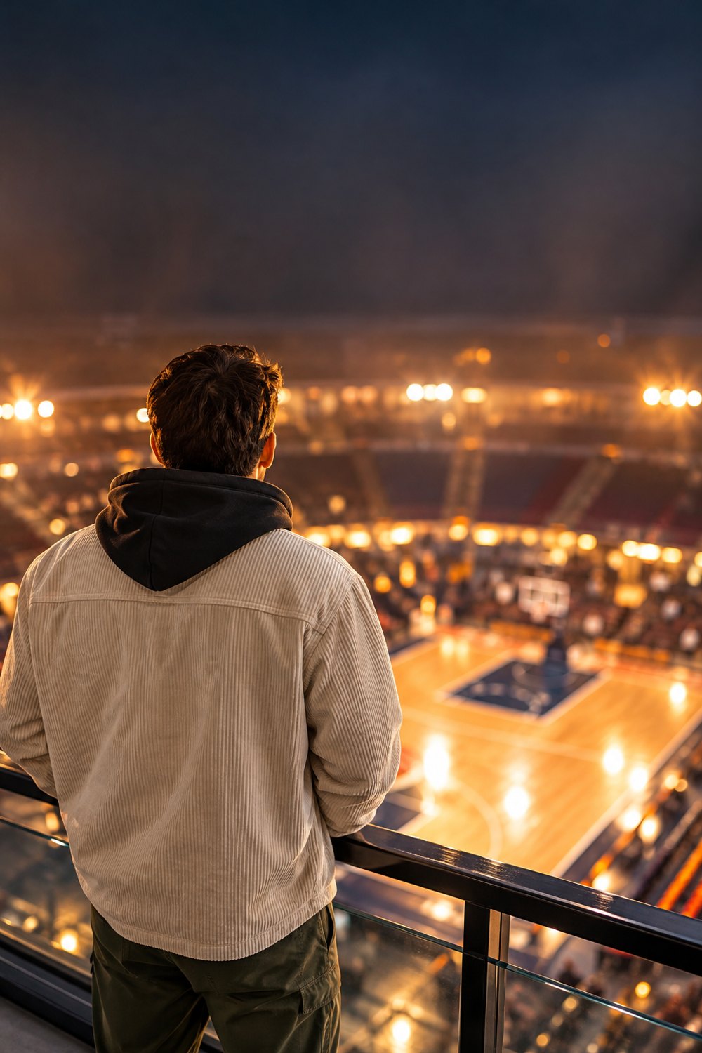 Man seen from behind in a cream corduroy overshirt and black hoodie looking over a glowing basketball court