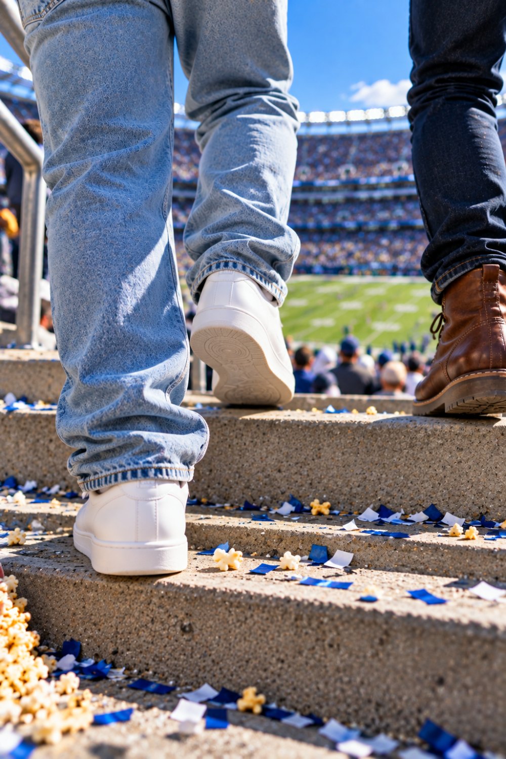 Close-up of light baggy jeans over plain white sneakers climbing concrete stadium steps beside brown leather boots, with confetti and popcorn on the steps