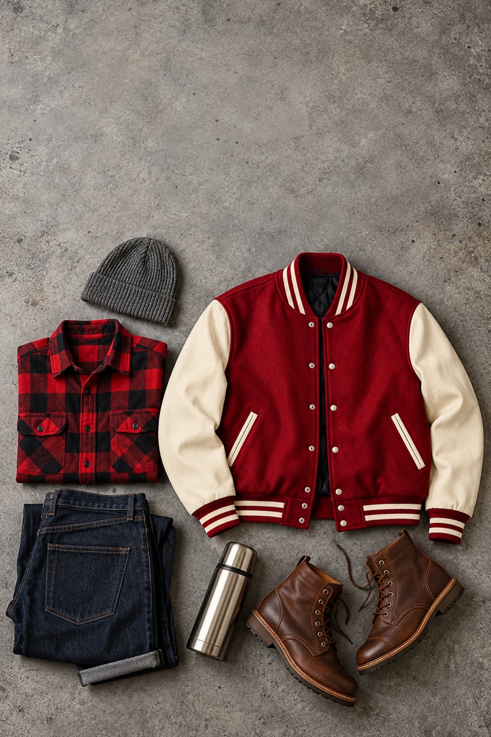 Flat lay of a red buffalo check flannel, red and cream varsity style jacket, dark jeans, leather boots, beanie and thermos