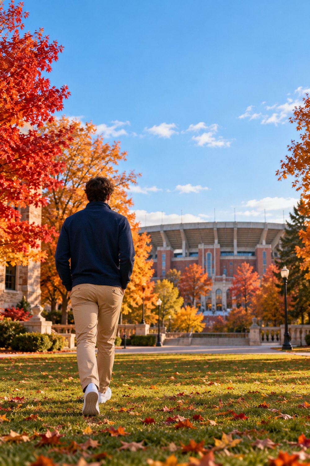 Man seen from behind walking toward a stadium in a navy quarter-zip, khaki chinos and white sneakers