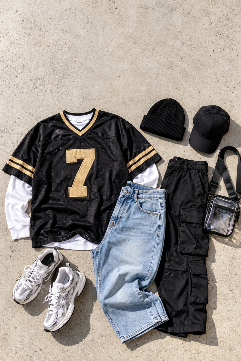 Flat lay of a men's streetwear game day outfit: black and gold number 7 jersey over a white long sleeve, light baggy jeans, black cargo pants, grey retro runners, black beanie, black cap and a clear crossbody bag