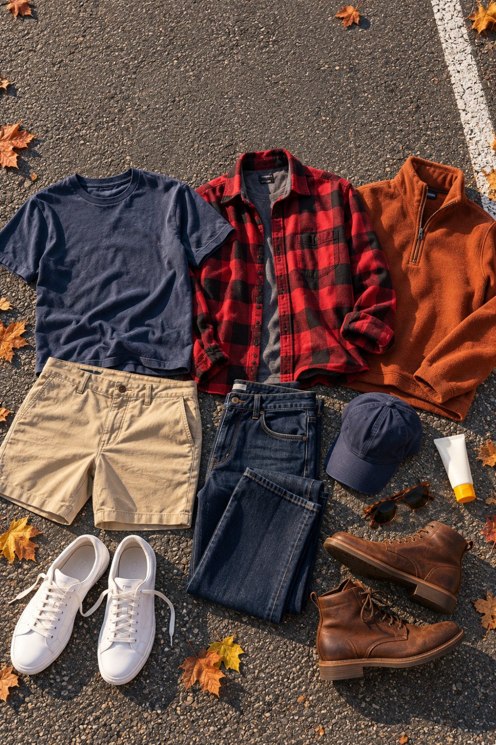 Flat lay of men's tailgate outfits on asphalt: navy vintage tee, red buffalo check flannel, burnt orange quarter-zip, khaki shorts, dark jeans, white sneakers, brown boots, navy cap, sunglasses and sunscreen