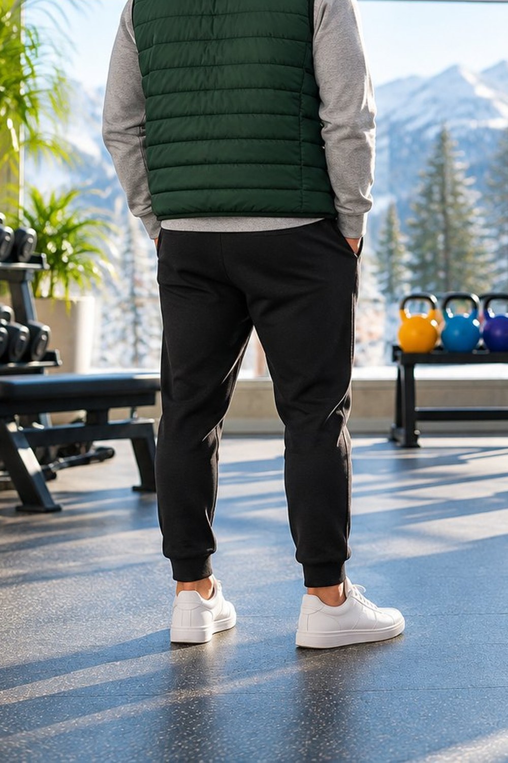 Men's winter gym outfit with grey zip hoodie, green quilted vest, black joggers and white sneakers in a bright gym