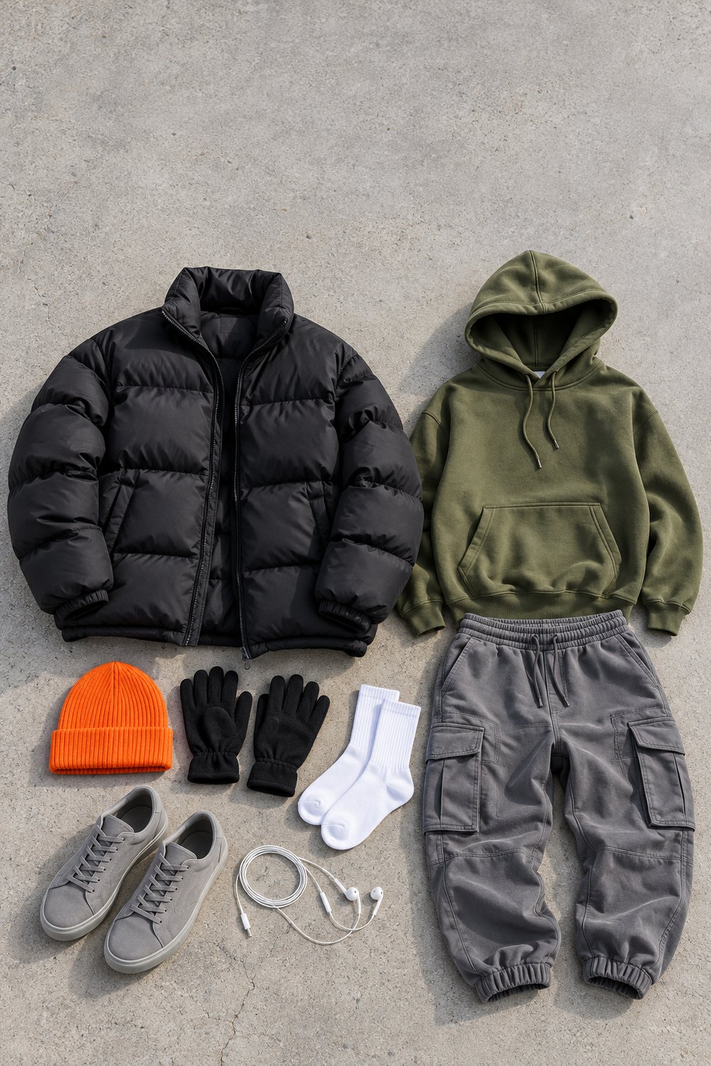 Men's winter gym streetwear flat lay with black puffer jacket, olive hoodie, grey cargo joggers and orange beanie