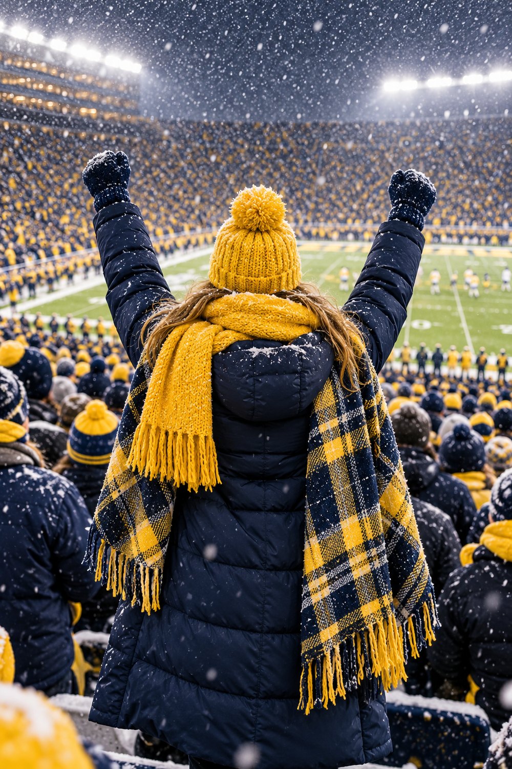 Cold weather Michigan game day outfit seen from behind: long navy puffer coat, maize scarf, pom beanie and mittens in a snowy stadium