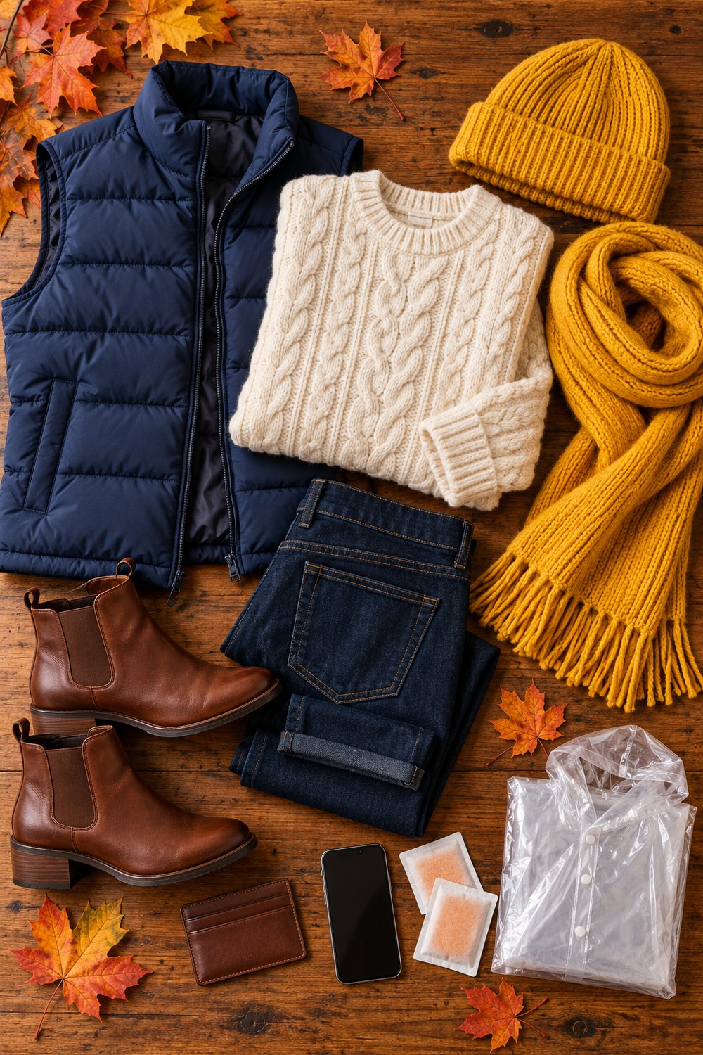 Flat lay of a Michigan game day outfit: navy puffer vest, cream cable knit sweater, dark jeans, maize scarf and beanie, brown boots, card holder, phone and poncho