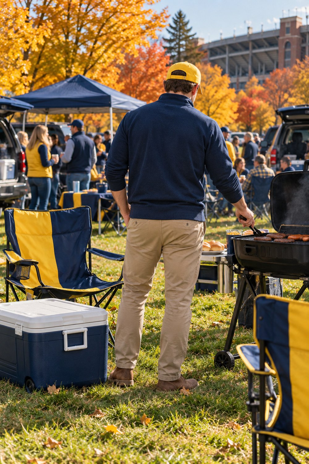 Men's Michigan game day outfit seen from behind: navy quarter-zip, khaki chinos and maize cap at a tailgate grill