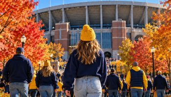Michigan game day outfit seen from behind: oversized navy crewneck, light jeans, white sneakers and a maize beanie on the walk to the stadium