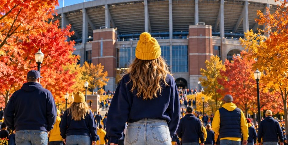 Michigan game day outfit seen from behind: oversized navy crewneck, light jeans, white sneakers and a maize beanie on the walk to the stadium