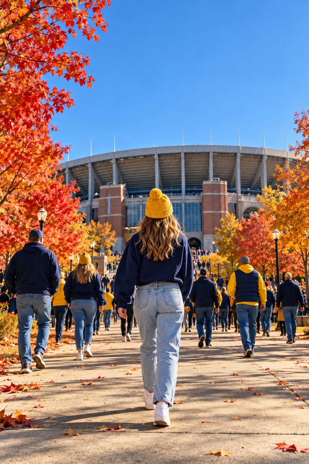Michigan game day outfit seen from behind: oversized navy crewneck, light jeans, white sneakers and a maize beanie on the walk to the stadium