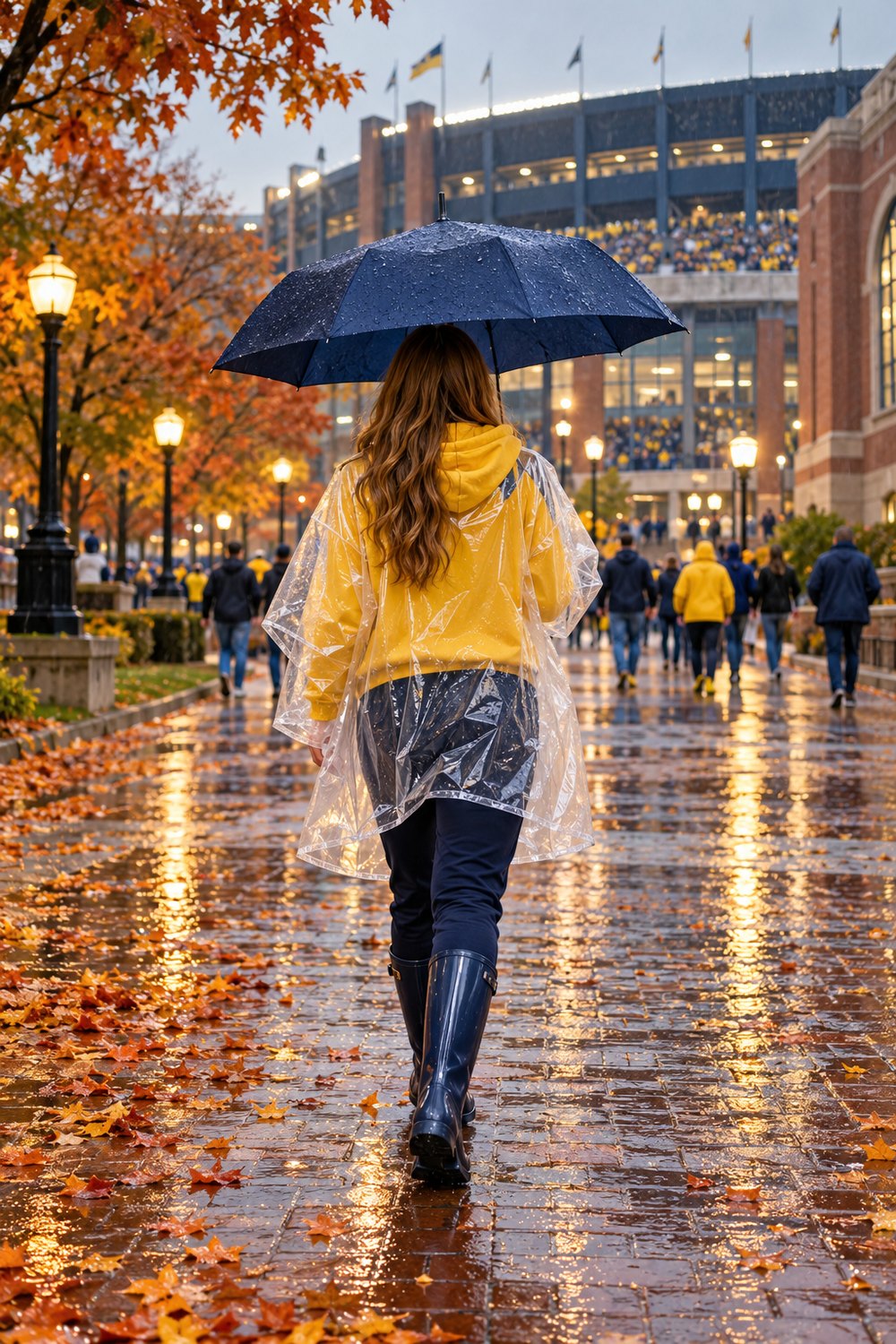Rainy Michigan game day outfit seen from behind: clear poncho over a maize hoodie, navy joggers and rain boots on a wet campus path
