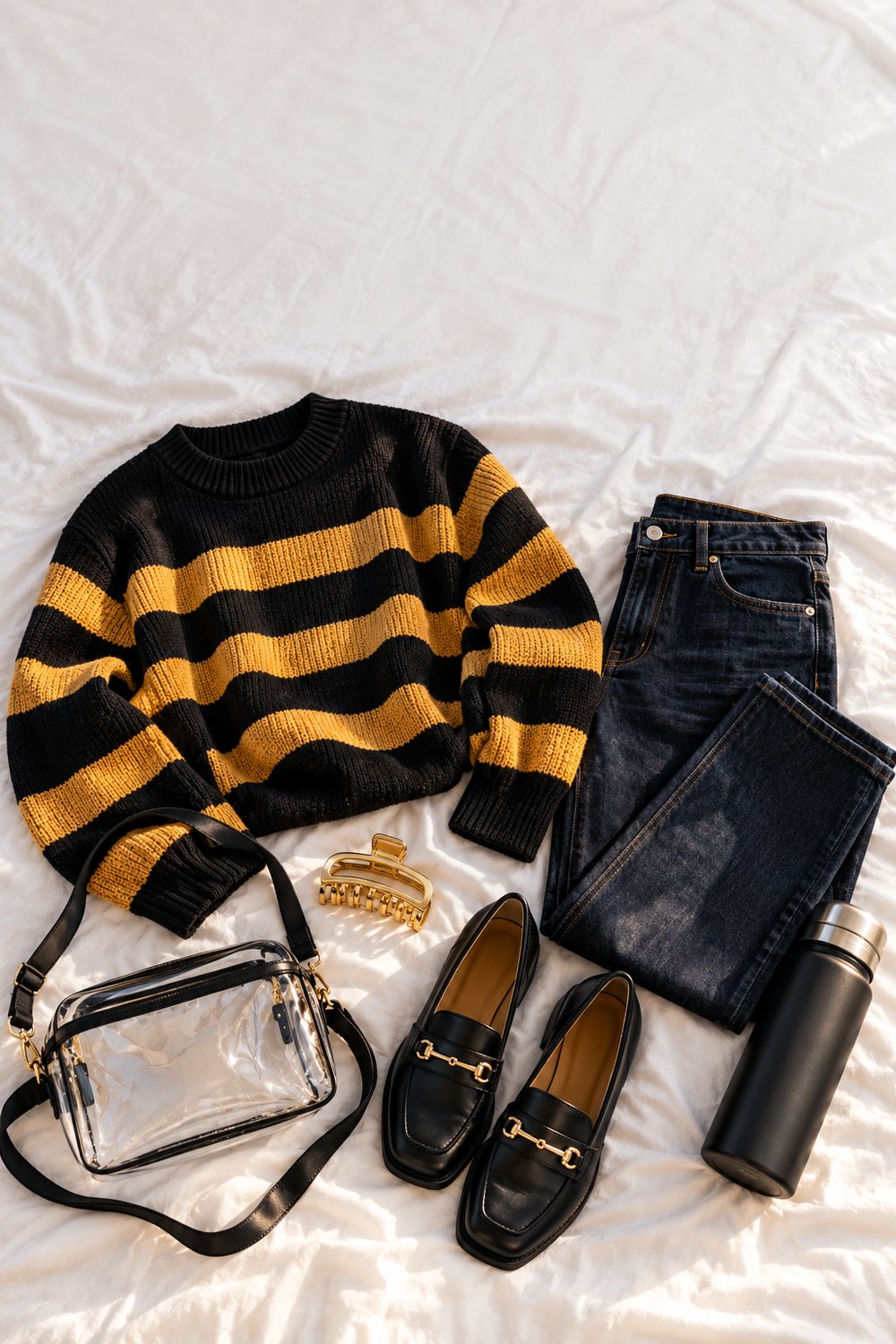 Black and gold striped sweater flat lay with dark jeans, loafers and a clear stadium bag