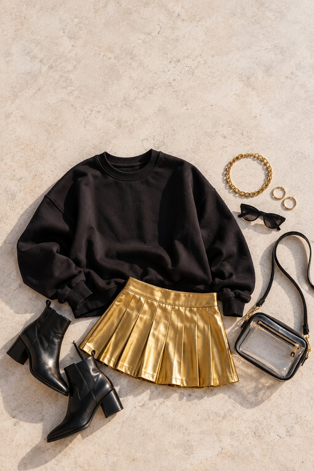 Black sweatshirt and gold pleated skirt flat lay with black boots and a clear crossbody bag