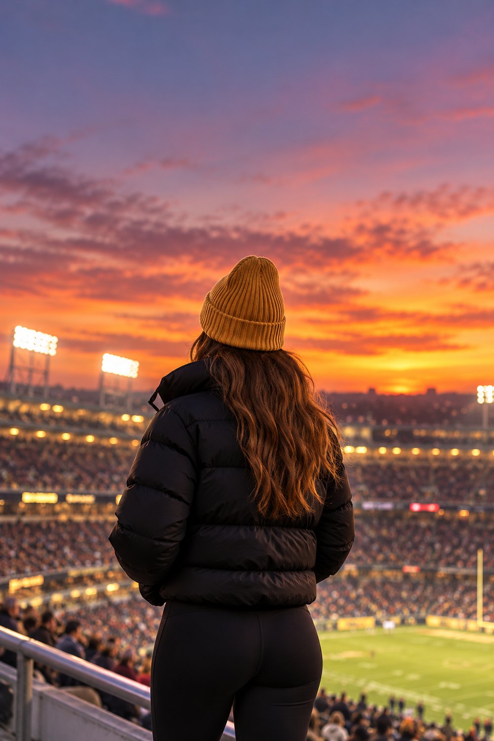 Cold weather Mizzou game day outfit with a black puffer jacket and gold beanie at a stadium at dusk