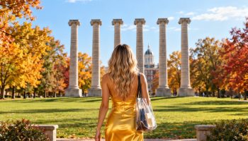 Mizzou game day outfit with a gold dress and black cowboy boots walking toward the Columns on campus