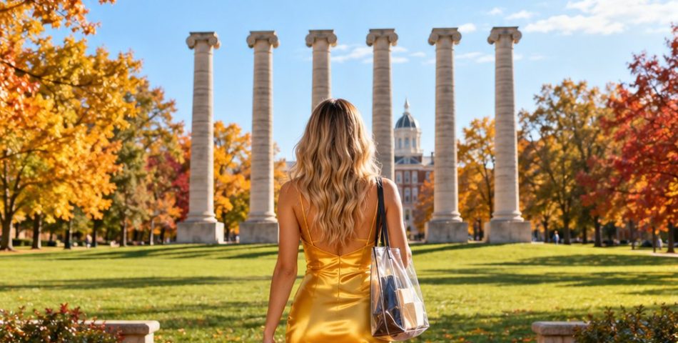 Mizzou game day outfit with a gold dress and black cowboy boots walking toward the Columns on campus