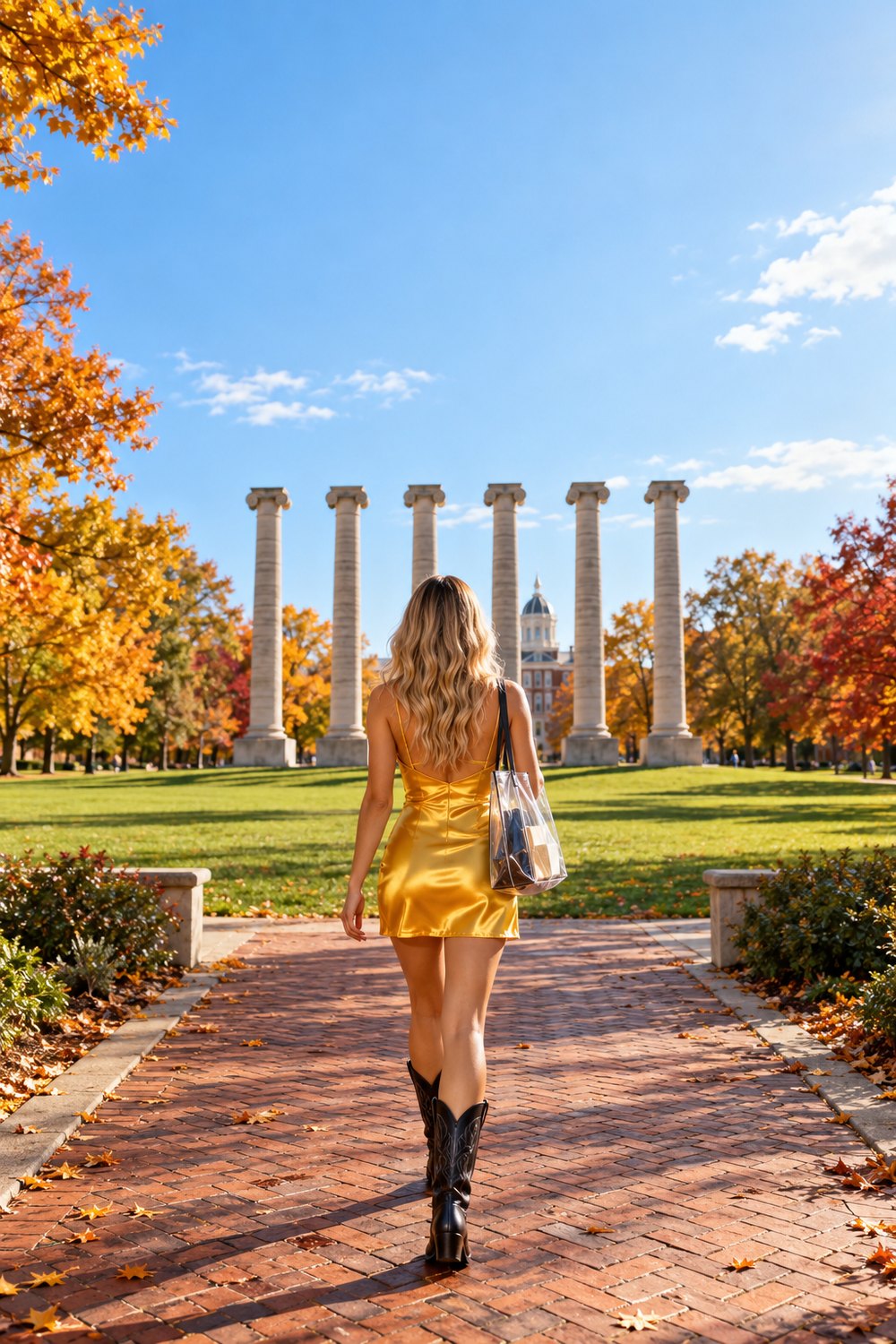 Mizzou game day outfit with a gold dress and black cowboy boots walking toward the Columns on campus