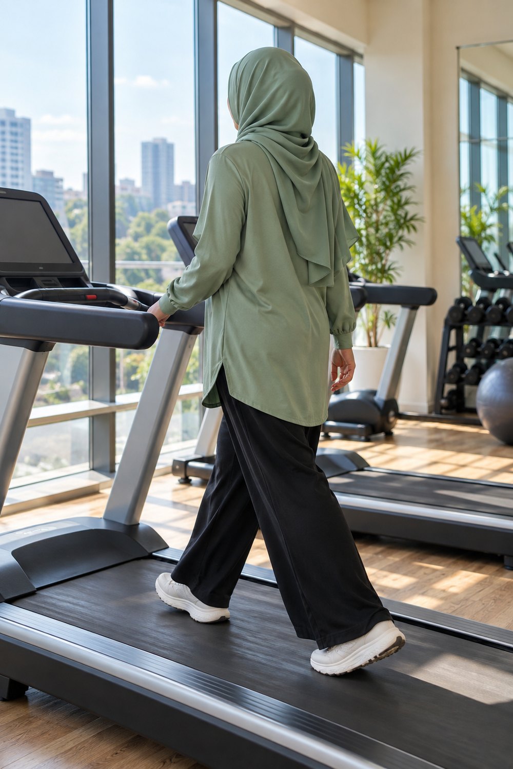 Woman in a sage sport hijab, long tunic top and wide-leg joggers walking on a treadmill