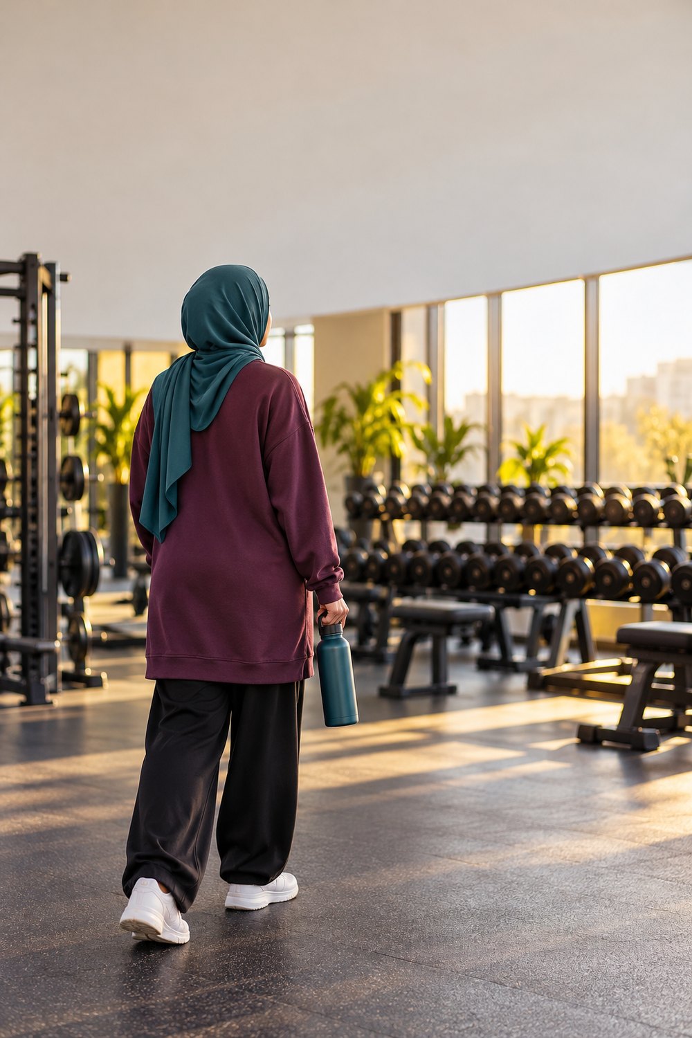 Modest winter gym outfit with teal sports hijab, long plum sweatshirt and wide-leg black joggers, seen from behind