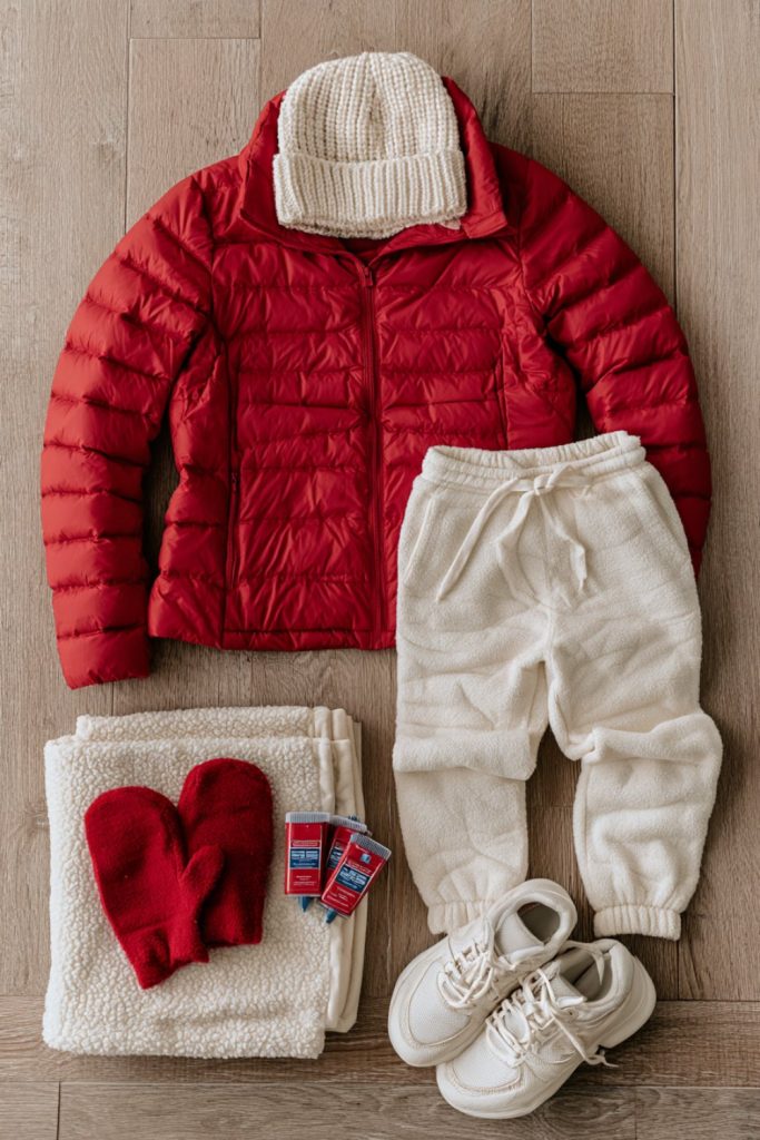 Flat lay of a scarlet puffer jacket, cream knit beanie and cream joggers for a cold game