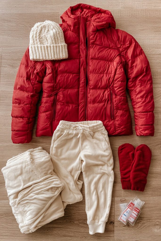 Scarlet puffer jacket with a cream beanie laid out on light wood
