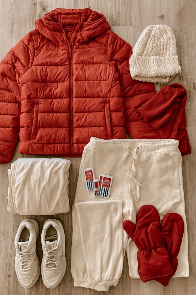 Red puffer and cream knit hat for cold weather game day layering
