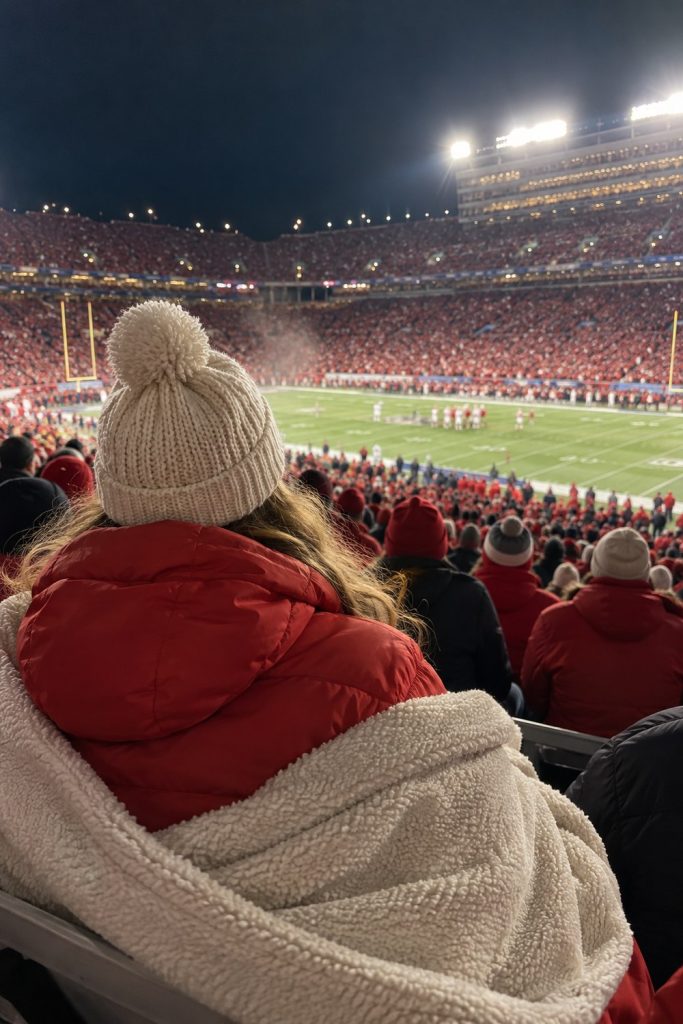 Fan seen from behind in a scarlet puffer and cream beanie in the stands at night with a stadium blanket