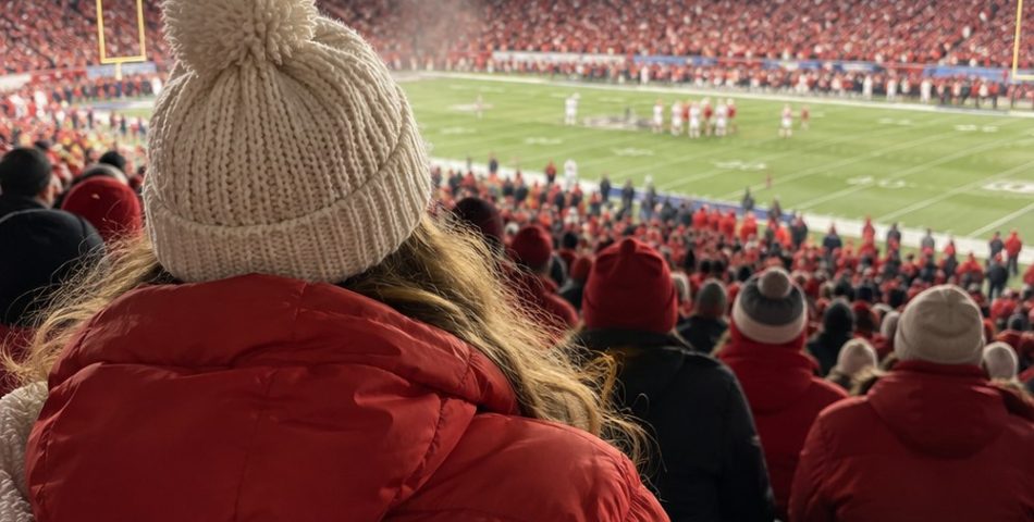 Fan seen from behind in a scarlet puffer and cream beanie in the stands at night with a stadium blanket