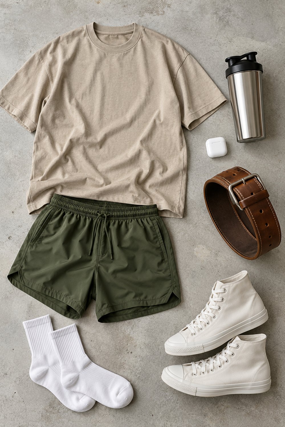 Flat lay of a beige tee, olive shorts, white socks, white high tops, a brown leather lifting belt and a steel shaker