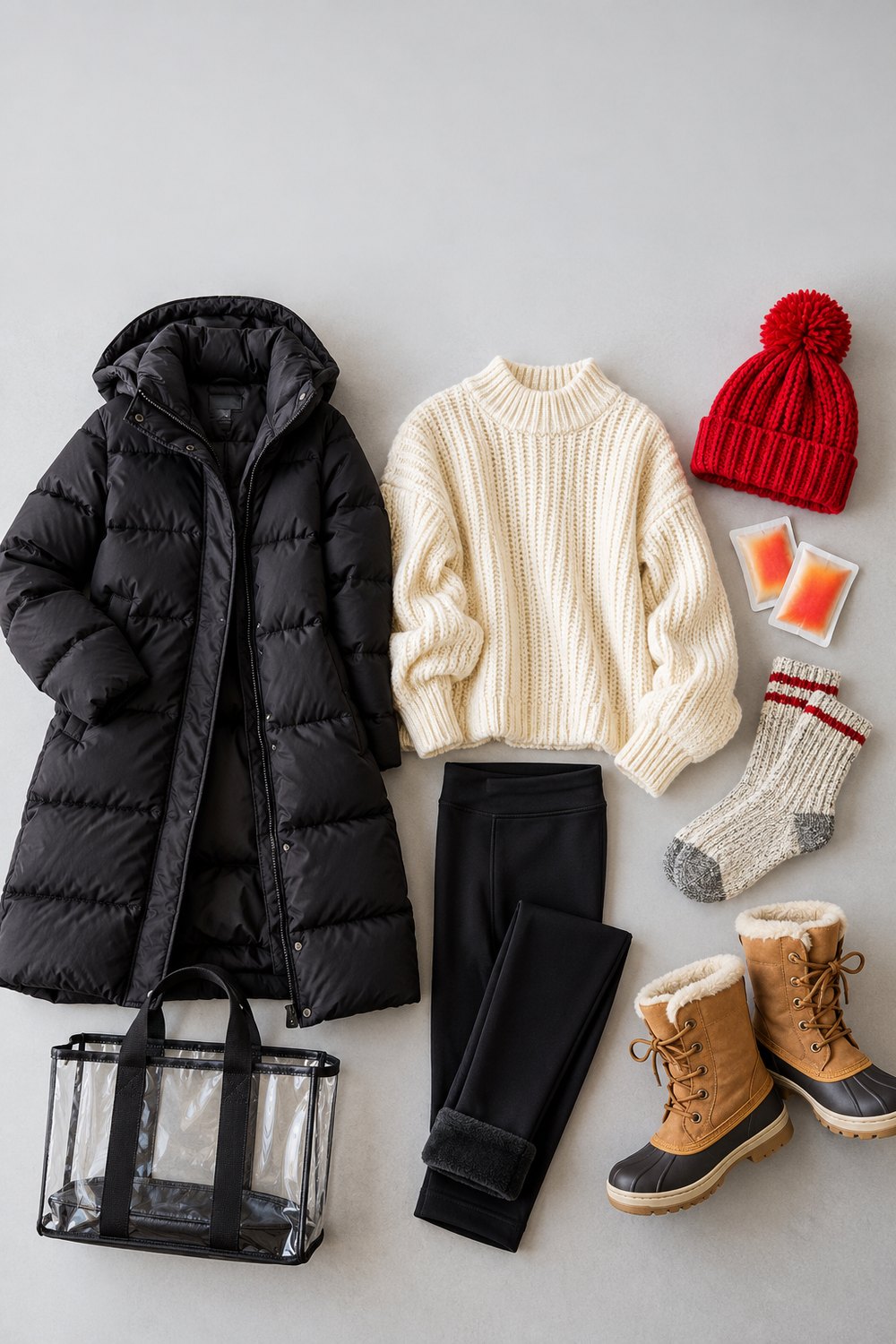 Cold weather football game flat lay with long black puffer, cream sweater, fleece leggings, red beanie, boots and clear tote