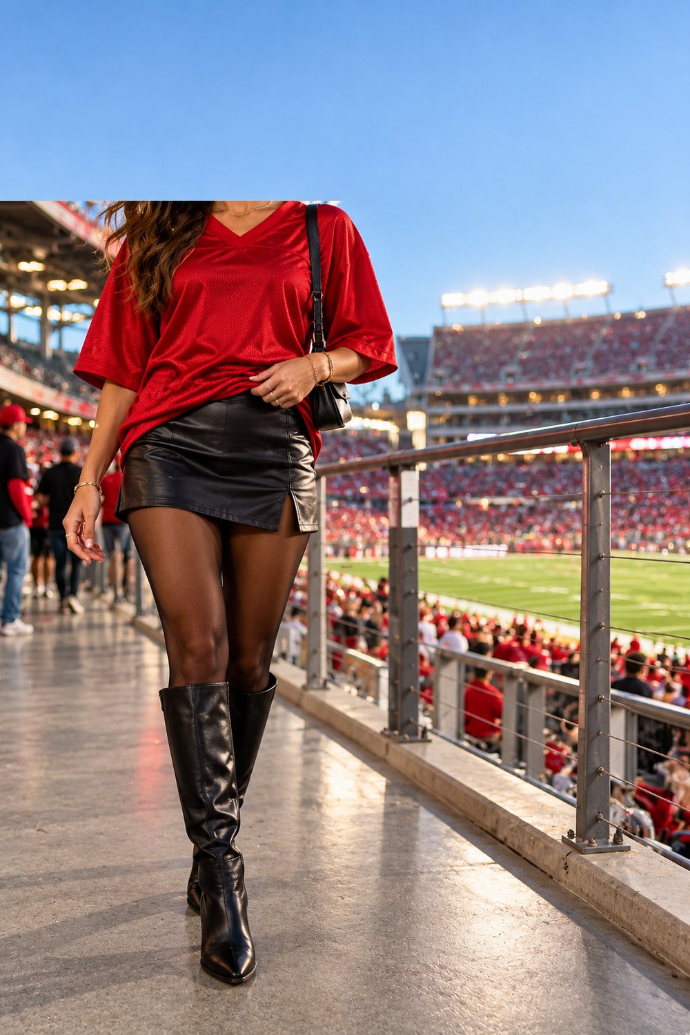 Oversized red football jersey styled with a black faux leather mini skirt, sheer tights and knee-high boots