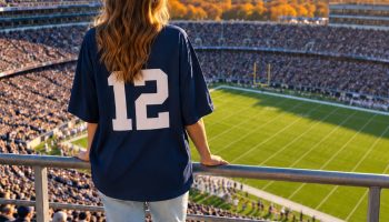 Woman in the upper stands of a football stadium wearing an oversized navy jersey, light-wash jeans and white sneakers