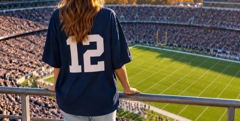 Woman in the upper stands of a football stadium wearing an oversized navy jersey, light-wash jeans and white sneakers